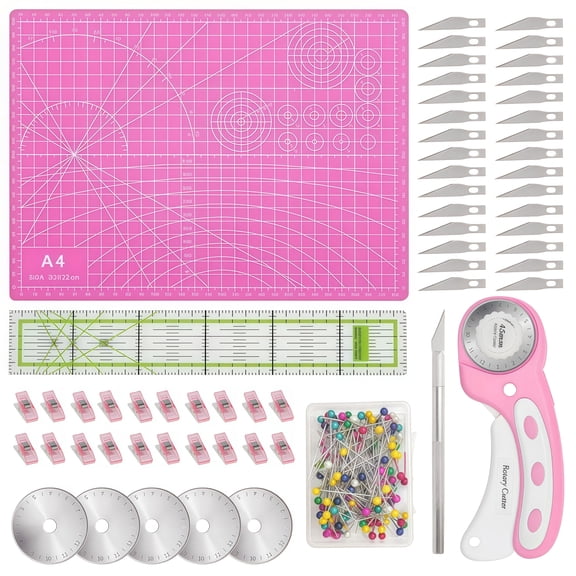 Rotating Cutting Tool Set with 5 Blades -45mm Fabric Cutters Set,  with A4 Self Healing Cutting Mat, Acrylic Ruler and Sewing Clip, Positioning Needle, Cutting Knife ,Suitable for Crafting and Quilti