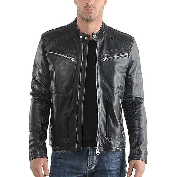 Men Slim Fit Biker Motorcycle Lambskin Leather Black Jacket Coat Outwear Jackets A838