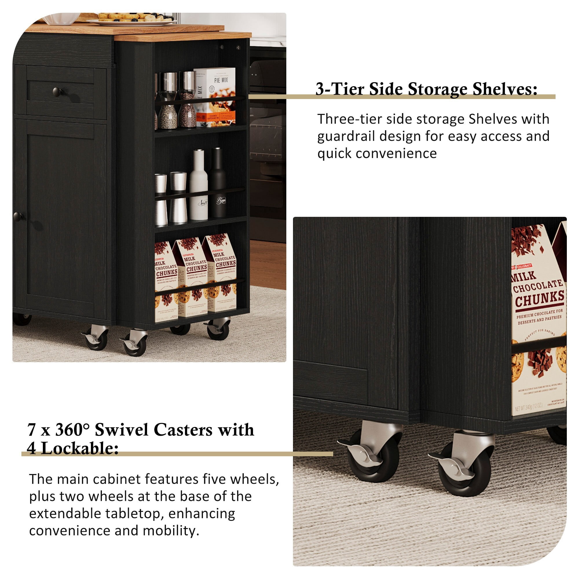DEALTOPS 85.8" Rolling Kitchen Island on Wheels with Power Outlet, Extendable Table with Side Shelves, Black
