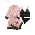 thumbnail image 2 of BadPiggies Women's Satin Pajama 4Pcs Set Sleepwear Floral Lace Trim Cami Lingerie Homewear Nightwear with Robe (S, Pink), 2 of 5