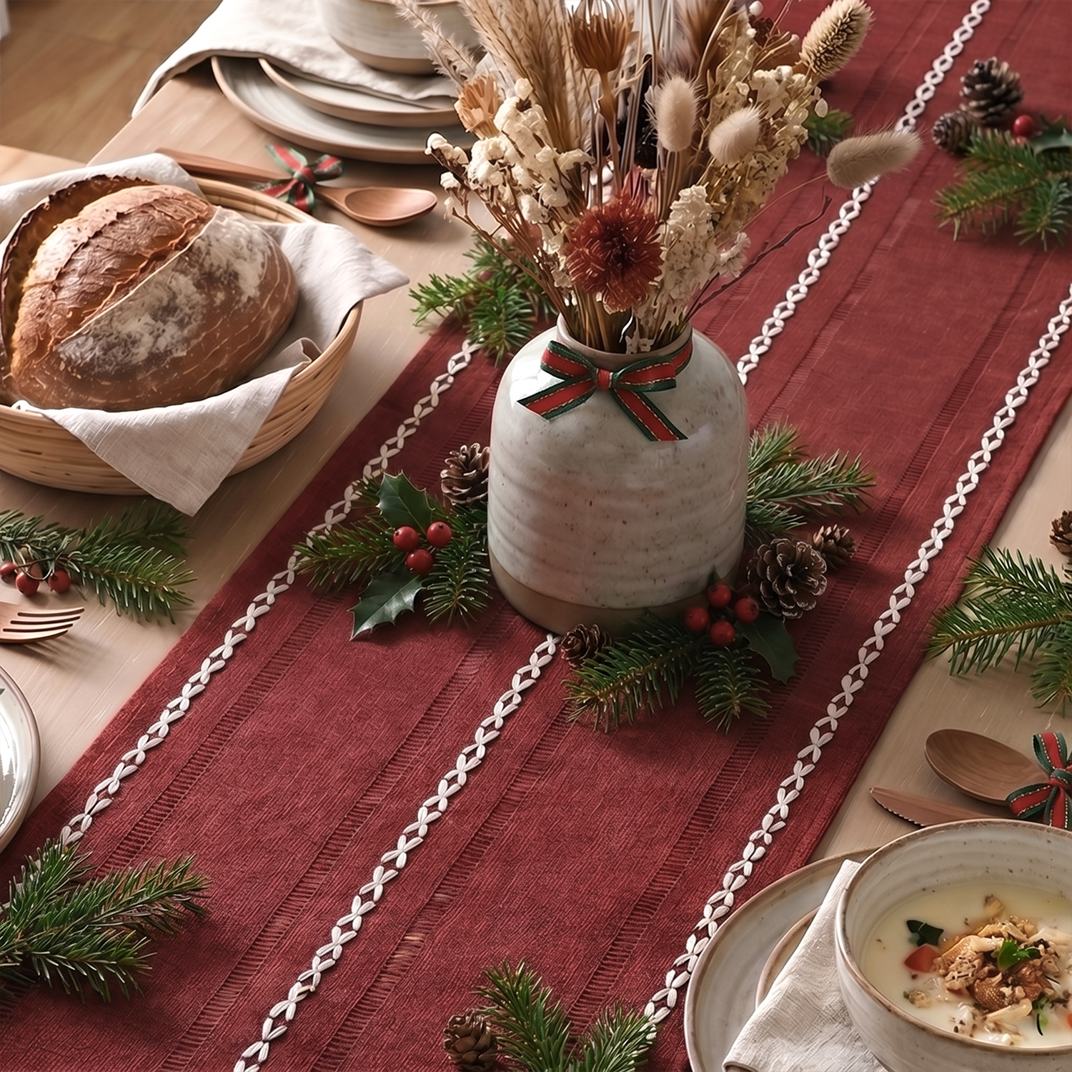 Sm:)e Red Linen Christmas Table Runner photo 2