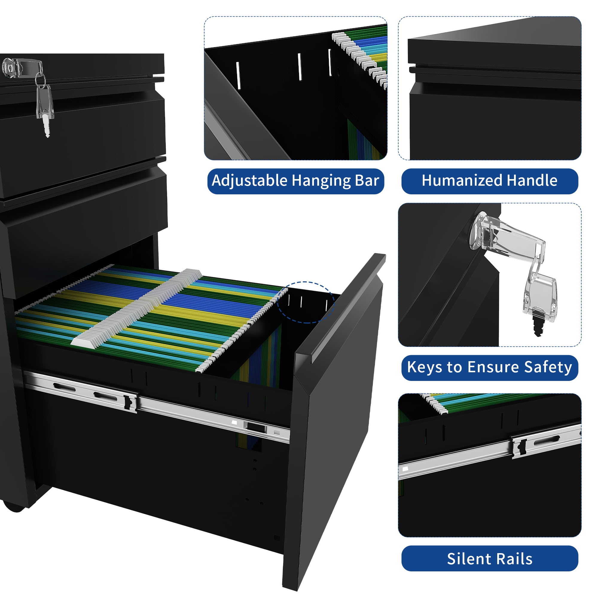 Uforic Fully Assembled 3-Drawer Lockable File Cabinet for Letter/Legal/A4 Size, Mobile Filing Cabinet with Wheels, Black