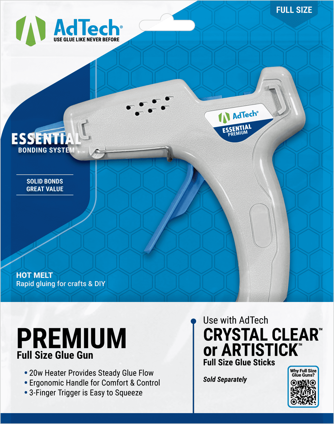 AdTech Premium Full Size High Temp Glue Gun 20 Watt Heater High Output Nozzle, with kickstand included
