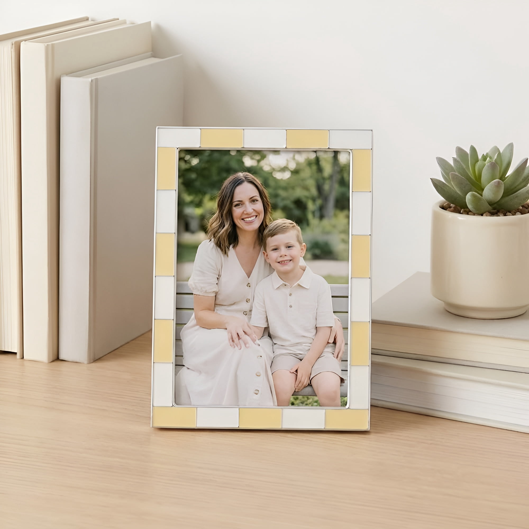 Concepts 4x6 Picture Frames Yellow & White Checkered Retro Enamel Photo Frames with HD Clear Glass, Durable Wall or Tabletop Display Vertical/Horizontal (pack of 4)