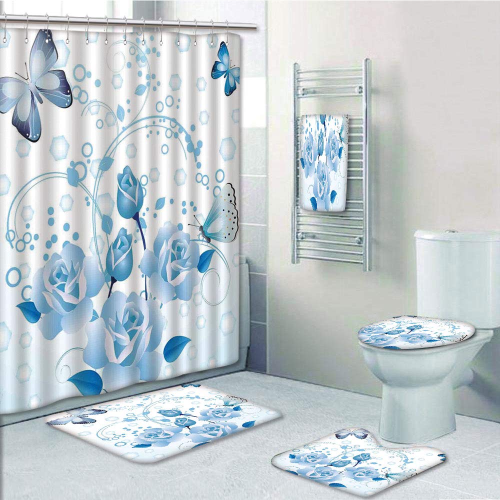 Butterfly Bathroom Rug Set Shower Curtain Bath Towel Bath Mat Toilet Lid Cover