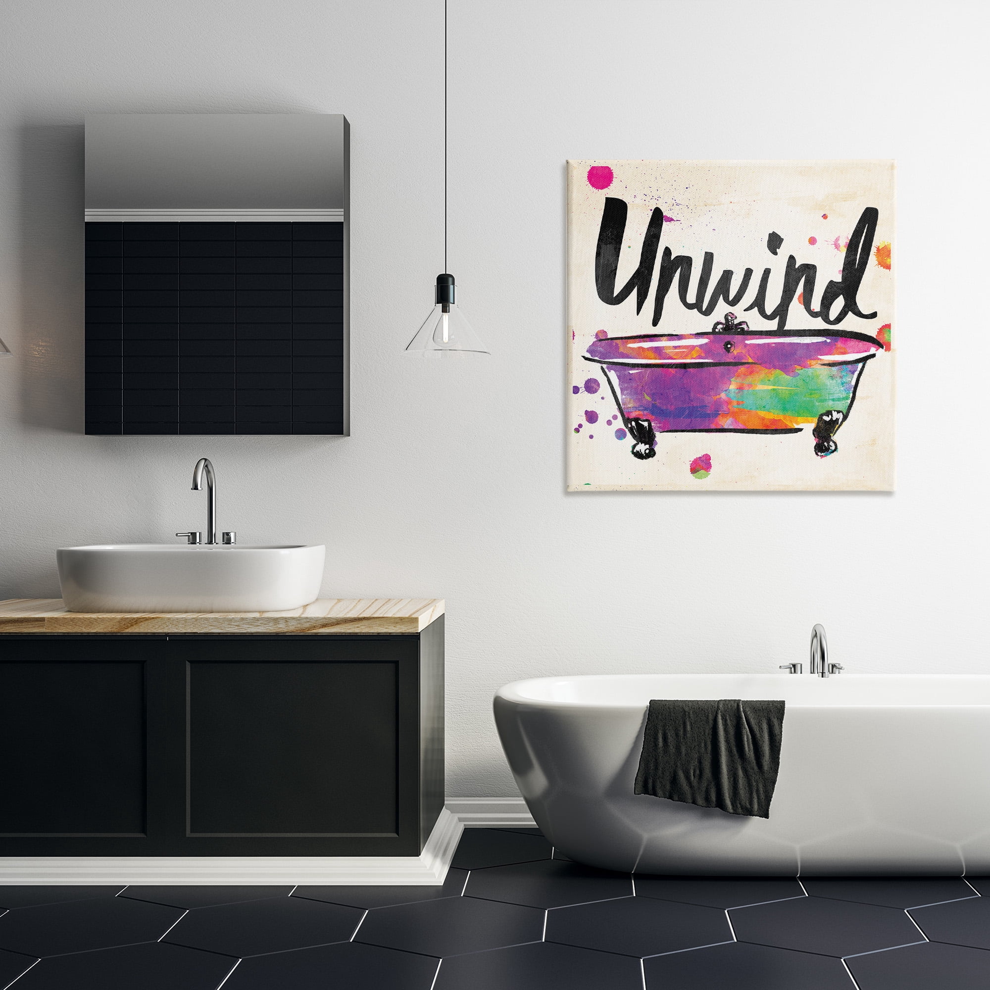 Stupell Industries Unwind Rainbow Colors Icon Bath Typography Painting Gallery Wrapped Canvas Art Print Wall Art, 30 x 30