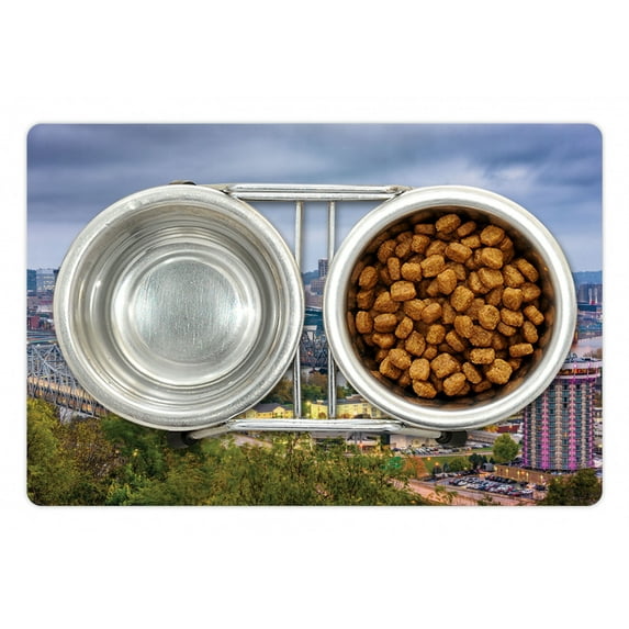 Cincinnati Pet Mat for Food and Water, Wide Perspective of Suspension Bridge and Apartments Streets Highway Grey Sky, Non-Slip Rubber Mat for Dogs and Cats, 18" X 12", by Ambesonne