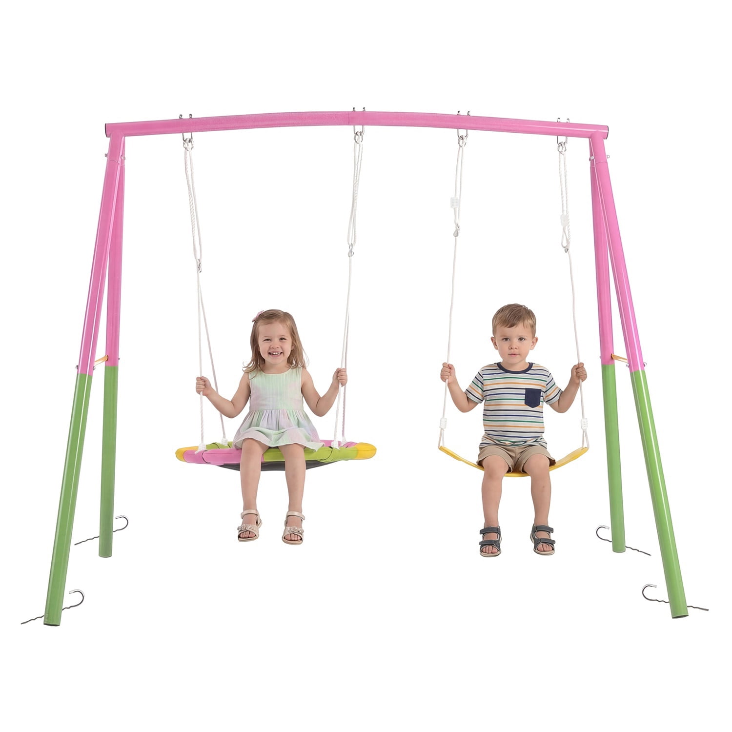 Hommoo 2 Pcs Swing Set with Saucer Swing Seat & Belt Swings Seat, Swing Set with Heavy-Duty A-Frame Metal Outdoor Swing Stand, for Backyard, Pink