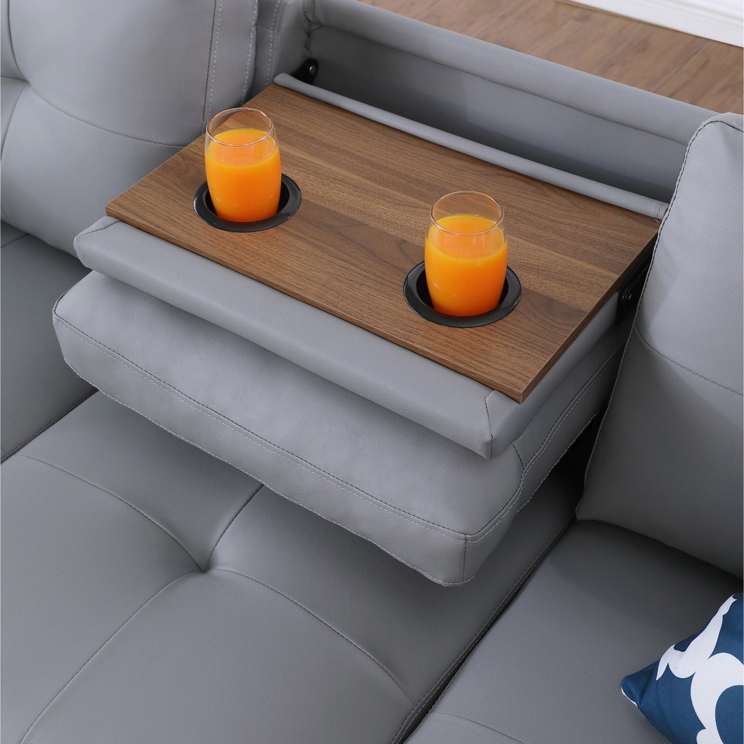 Hommoo L-Shaped Upholstered Sectional Sofa Couch with Storage & Cup Holders, Faux Leather Living Room Sofa Set, With Ottoman, Gray
