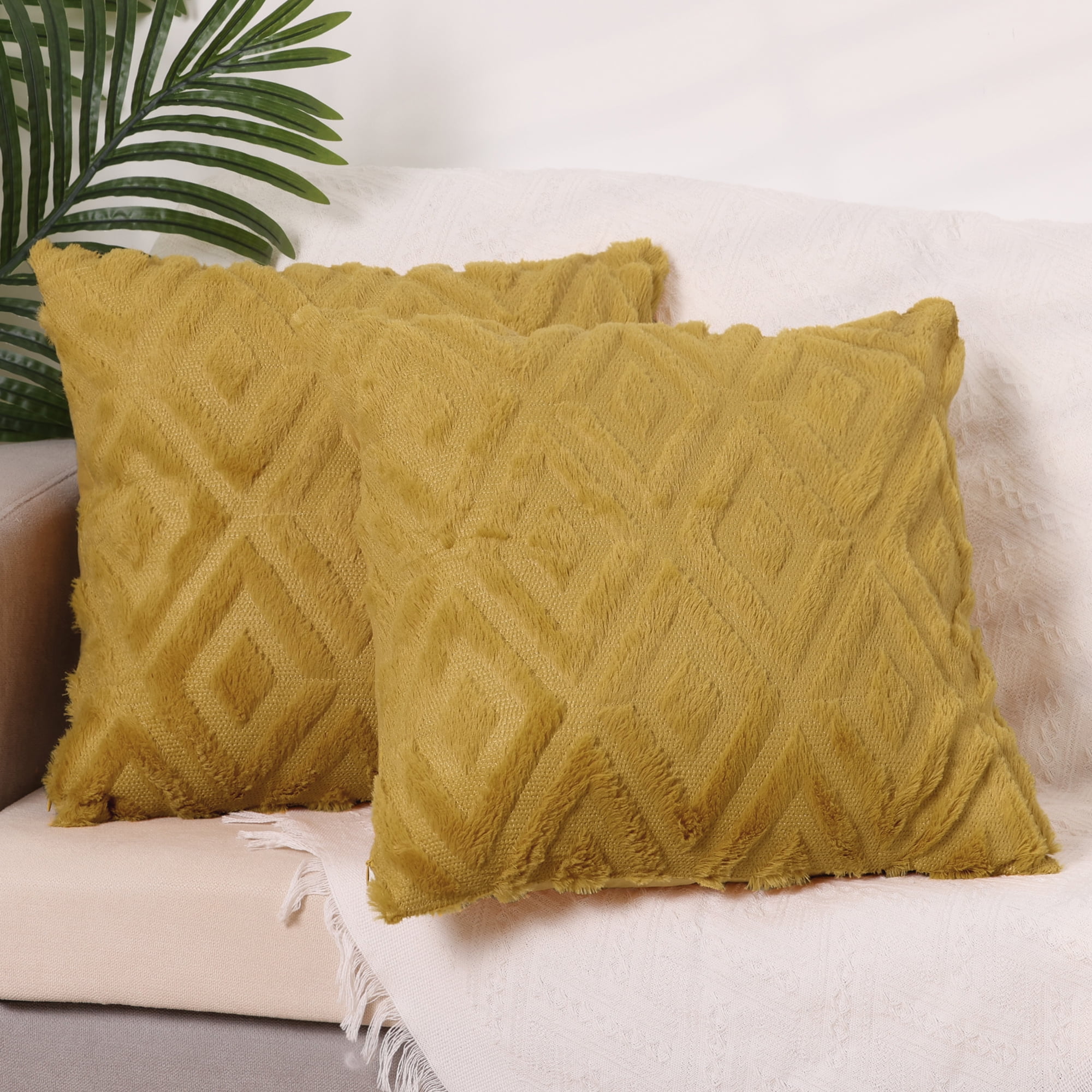 Unique Bargains Shaggy Plush Throw Pillow Covers Couch Pillow Covers (2 Count) Yellow-1 20" x 20"