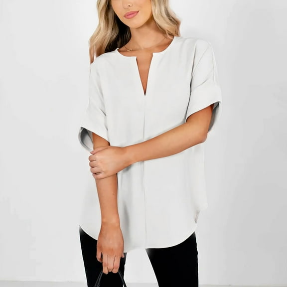 Summer Saving Wycnly Womens Blouses and Tops Dressy Comfy Lightweight Loose Fit Casual Pullover Tshirts Summer Solid V-Neck Short Sleeve Cute Tees Tops White s