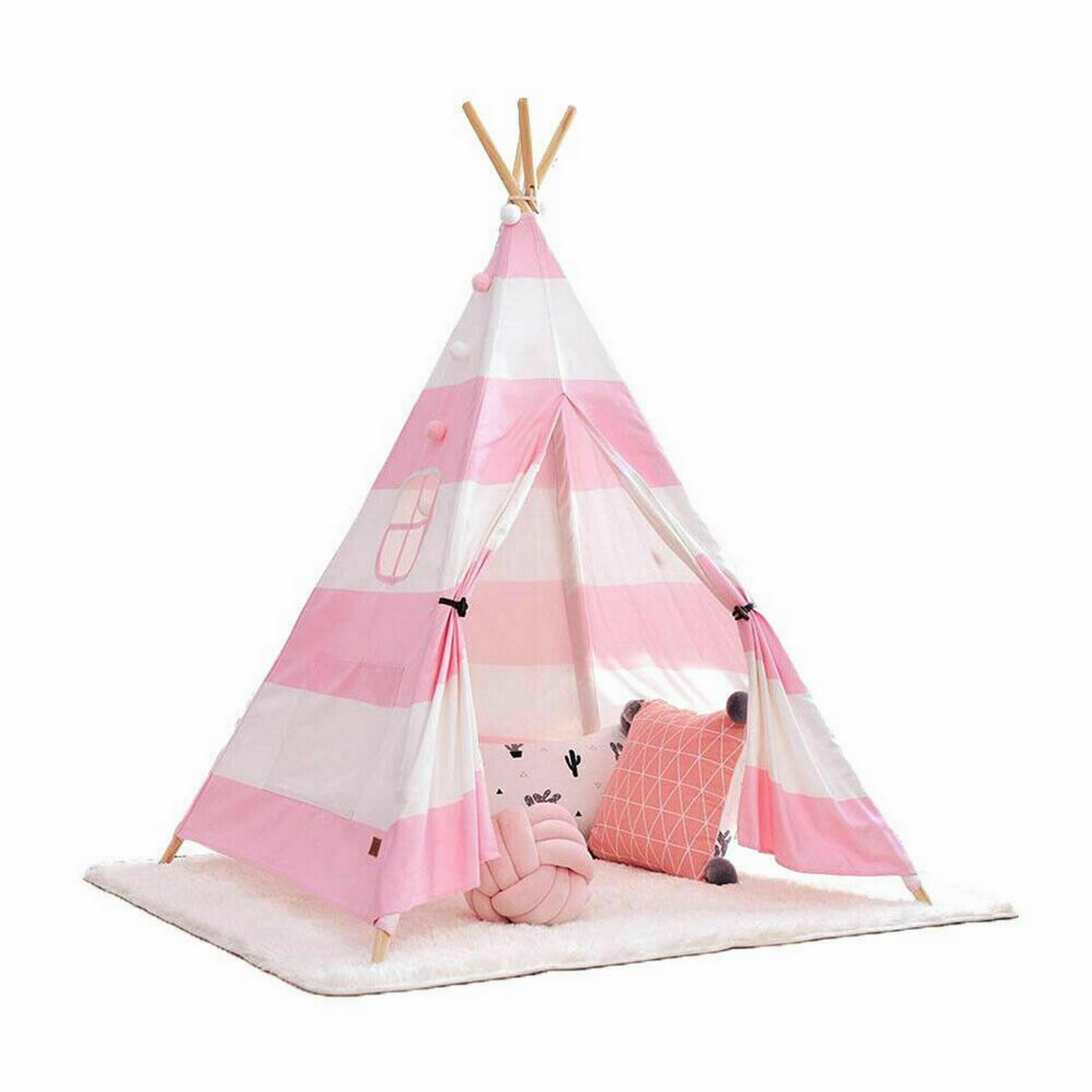 Canvas Tipi Tent for Girls & Boys Pink & White Teepee Tent for Girls & Boys Teepee Tent for Kids Indoor Play Tents Foldable & Small with Colorful Flags and Pocket