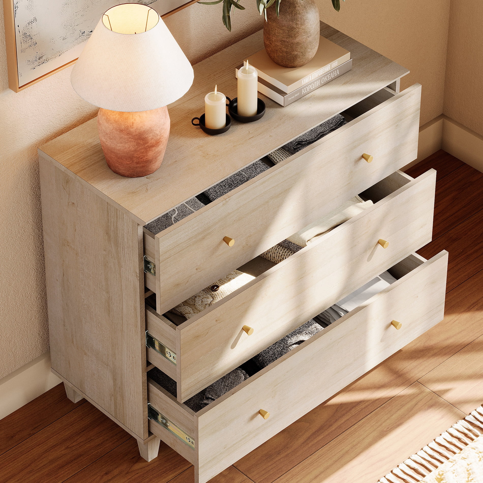 3-Drawer Dresser for Bedroom, Wood Bachelors Chest, 35.4 Inches Wide Chest of Drawer for Closet Organizer, Biscotti