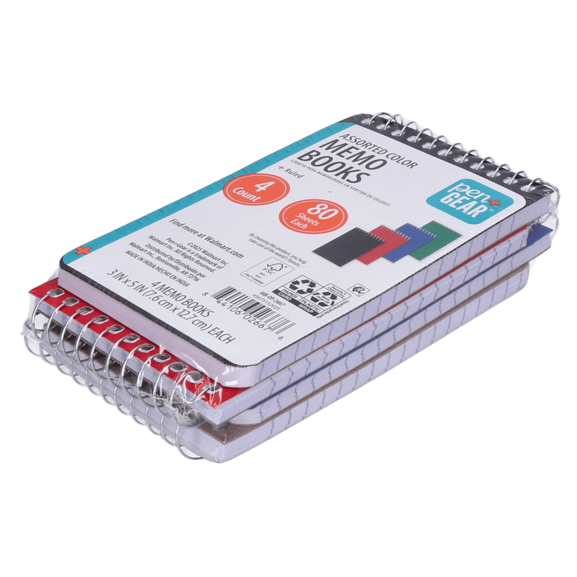 Pen + Gear Spiral Bound Ruled Paper Memo Book, 3 in x 5 in, 4 Pack, 80 Sheets Each, 0 Holes