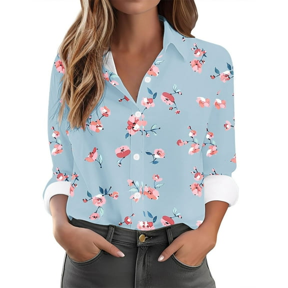 ZVAVZ Long Sleeve Shirts for Women Blouse dressy Floral Printed Buttons Down Fashion Loose Laple V Neck Tee Shirts Business Casual Work Tops Multicolor,L