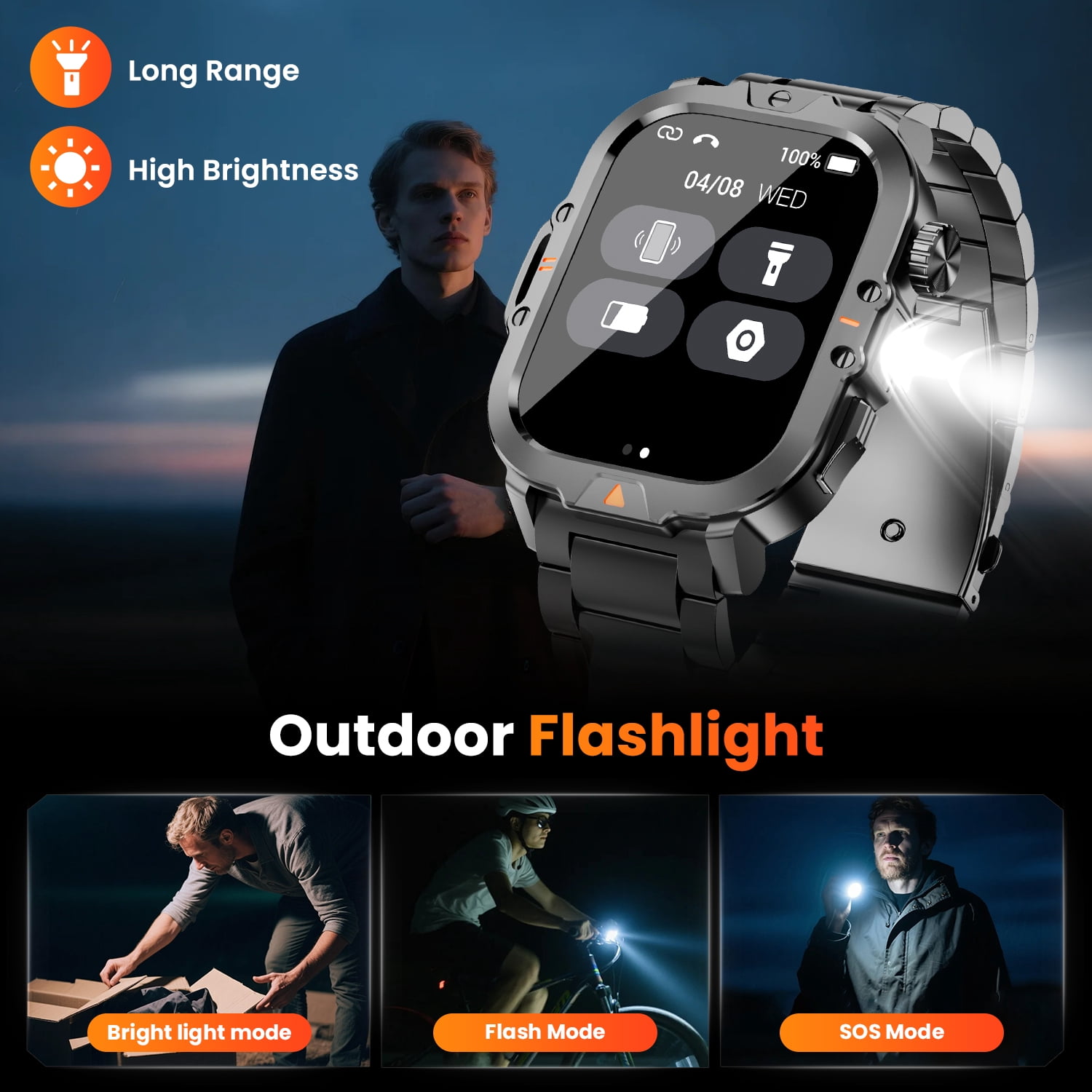 2.01-inch Military Smartwatch for Men with Fitness Tracker, Answer/Call/100+ Sport Modes, IP68 Waterproof, Hiking Travel Pedometer Watch compatible with Android IPhone Devices (Steel Band)