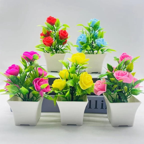 USPEED 5pcs Artificial Potted Plants Realistic Fake Potted Flowers for Tabletop Decor Plastic Simulation Greenery for Home Office Multi Color Desktop Ornaments