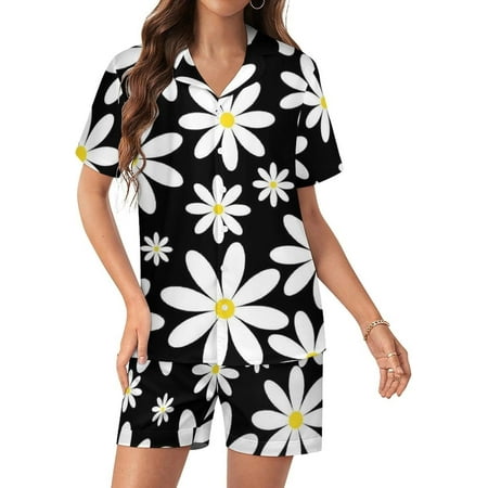 PRIYAL Pajama Sets for Womens Retro Daisy Pattern Satin Silk Short Sleeve Shirts And Pants Set