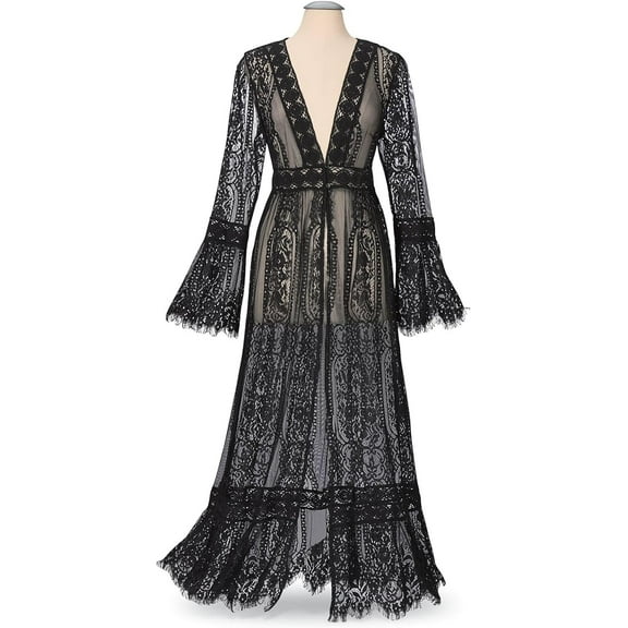 SAGEFINDS Long Lace Cardigan for Women, Flowy Boho Jacket Cover Up with V-Neckline, Fringed Sheer Beach Dress Kimono - Black X-Large