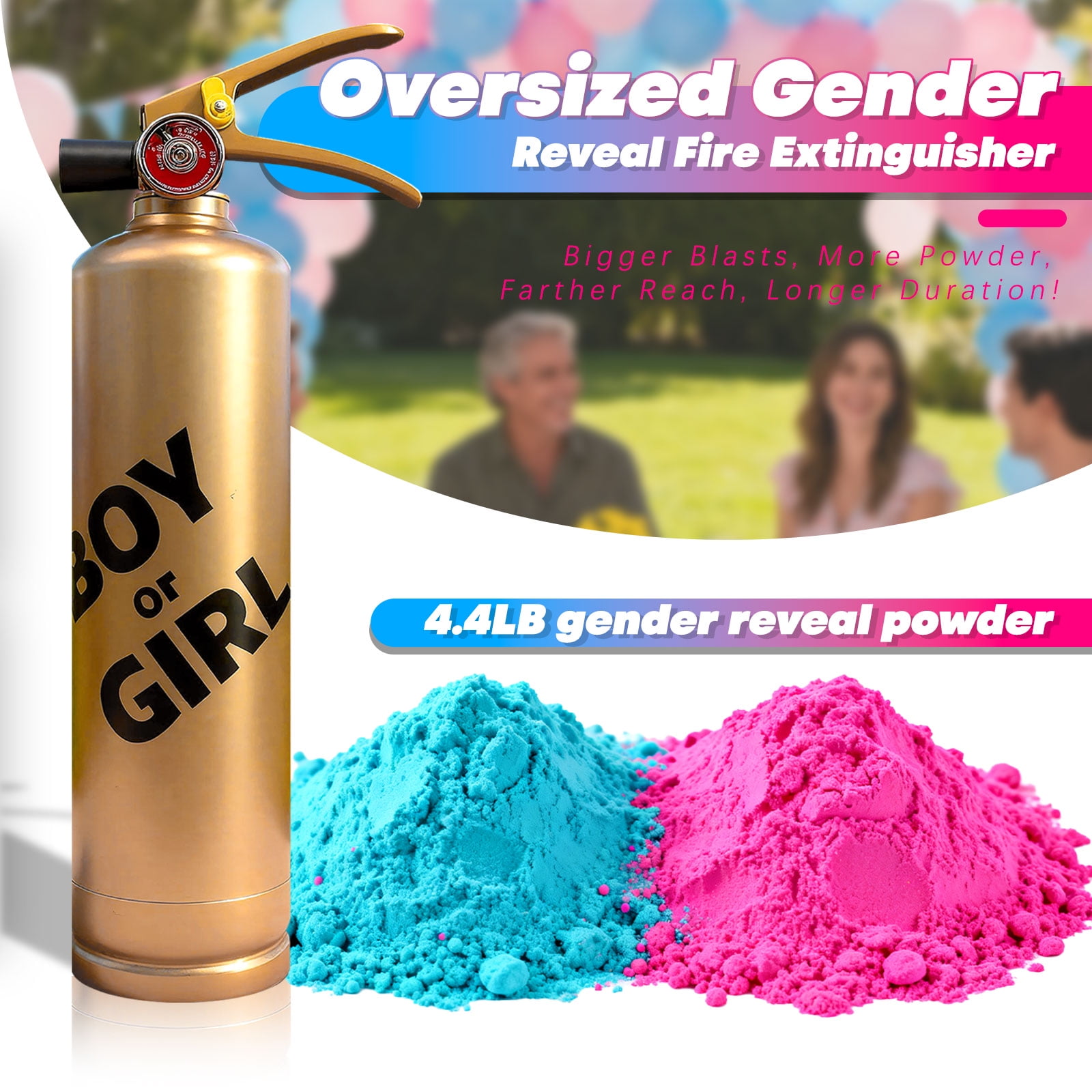 Previvo Gender Reveal Fire Extinguisher, 23oz Blue Color Powder Cannon, Large Capacity Gold Canister Baby Gender Reveal Party Supplies