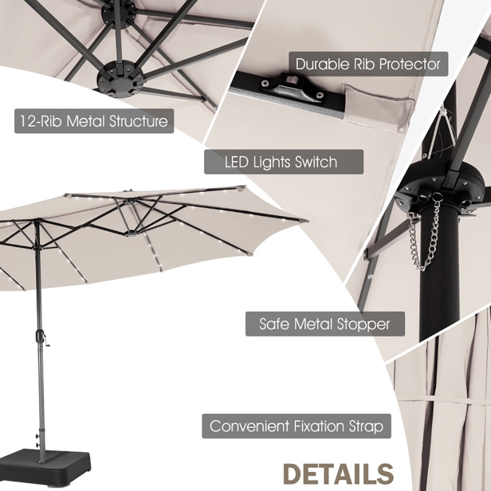 Aimee Lii 15 Feet Twin Patio Umbrella with 48 Solar LED Lights, Outdoor Umbrellas for Patio, Beige
