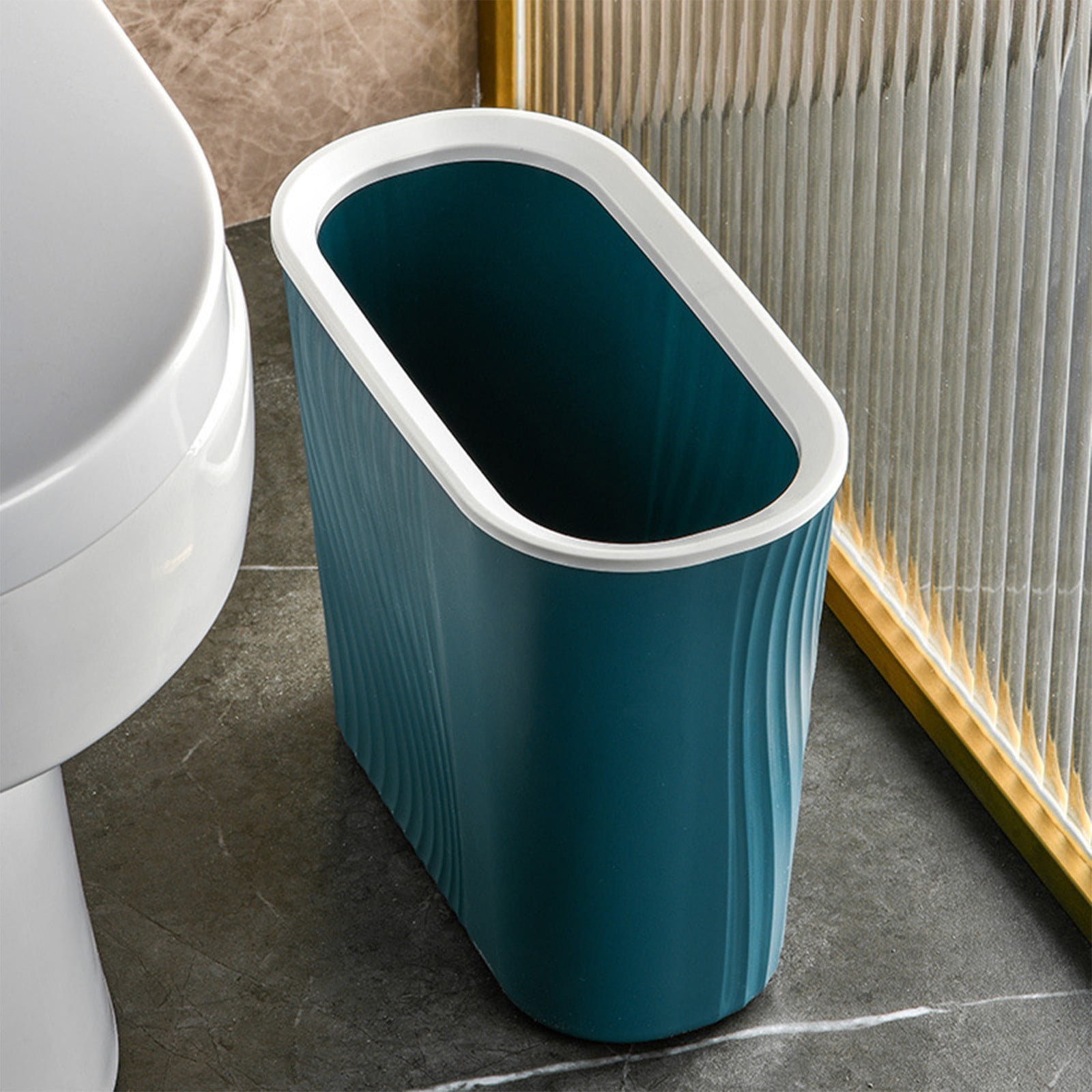 Cagogo Wastebasket, Plastic Trash Can, Striped Seamless Design for Home Kitchen Bathroom, Blue Gray White Small Garbage Bin for Office Garage Dorm