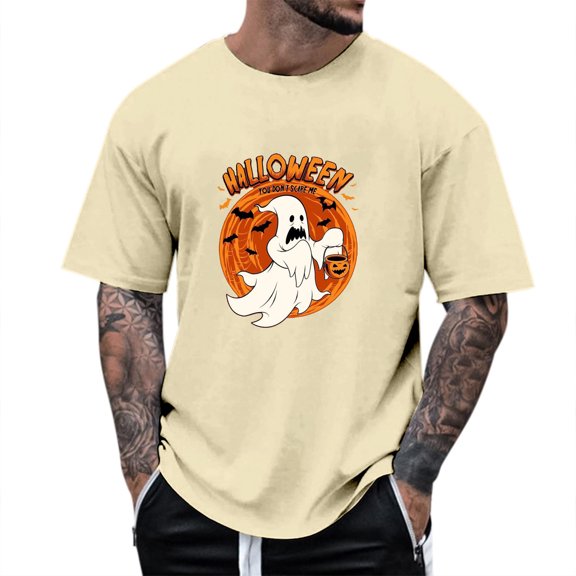 Landzoo Halloween Men'S Shirts Ghost Print Short Sleeve Crew Neck T-Shirt Party Loose Fit Men Tops Size L Beige