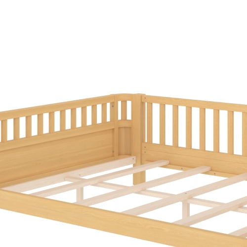Bellemave Full Size Bed Frame, Full Montessori Bed with Safety Guardrails and Detachable Fence, Wooden Platform Bed Full Daybed Frame, Low Profile & Rounded Corners Design, Natural