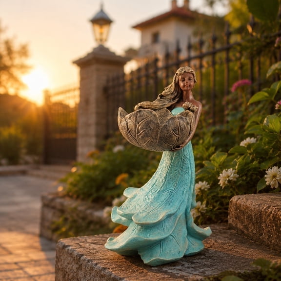 Garden Decorations Outdoor, Yard Statues Outdoor and Garden Fairy Girl Resin Feeder, Outdoor Bird Bath Leaf Basin Ornament, Garden Sculptures and Decor Elegant Flowing Turquoise