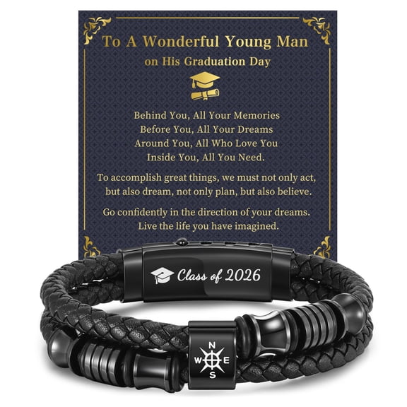 Graduation Gifts for Men Him Class of 2026 - High School College Master Leather Bracelets Braided Leather Compass Bracelets Inspirational Graduate Gift for Men Son Boyfriend Brother