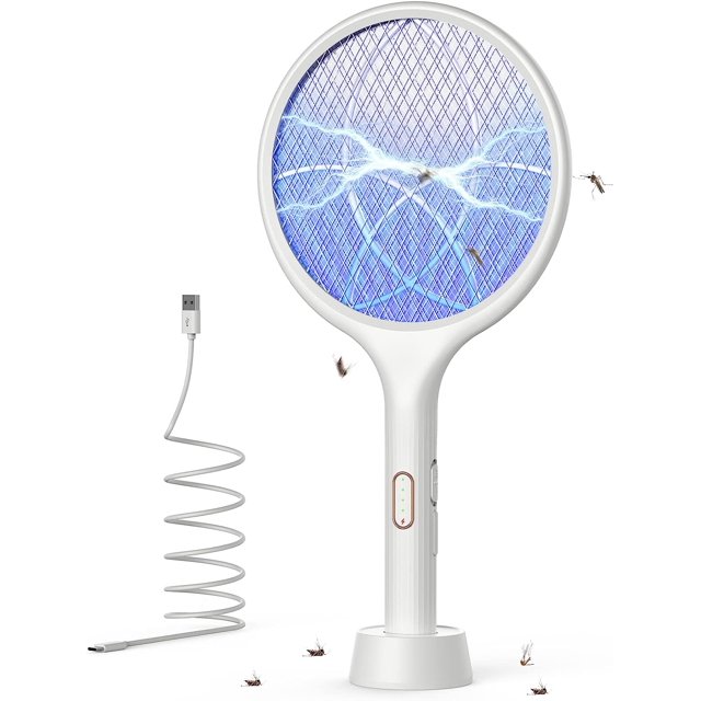 Raqueta eléctrica para insectos, 4000 V, 1500 mAh, raqueta eléctrica recargable para mosquitos con base estable contra mosquitos, moscas, insectos voladores, color blanco