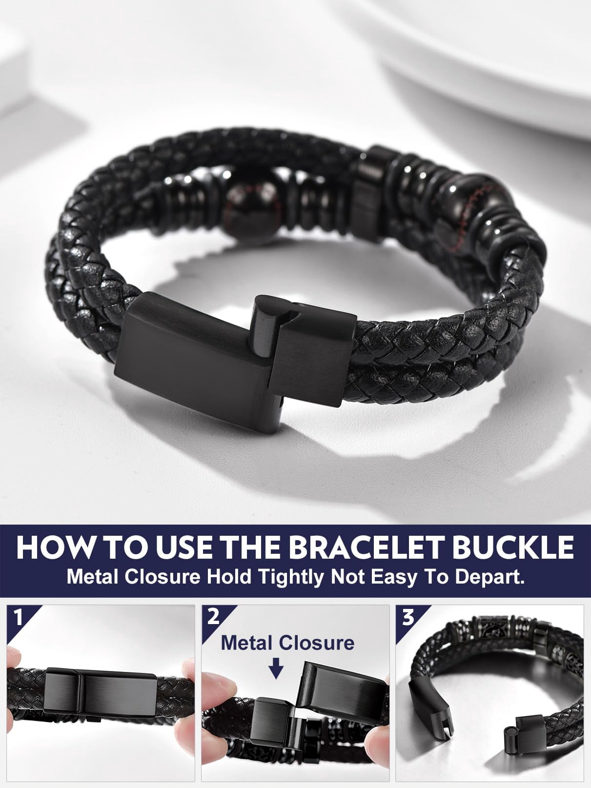 Bandmax Men's Stainless Steel Baseball Beaded Bracelet Double Leather Braided Bracelet Cool Black Wristband with Baseball Bead Charm for Men Boyfriend Husband Father Son