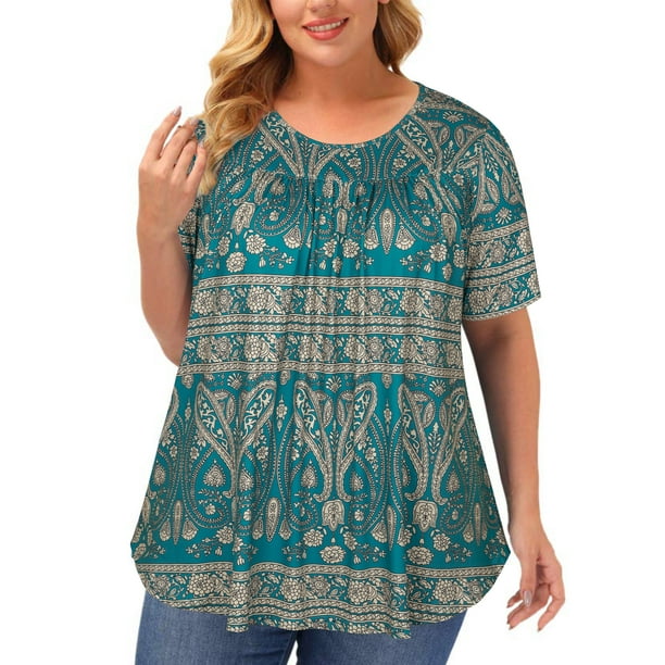 Women's Plus Size Summer Tops Short Sleeve Pleated Floral Blouses Tunic