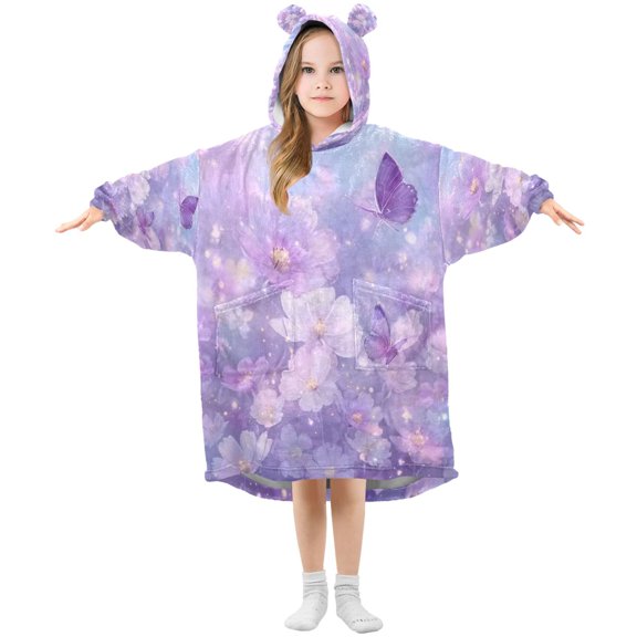 Kids Wearable Blanket Hoodie with 2 Pockets Purple and White Flowers Oversize Blankets Sweatshirt for Children Small