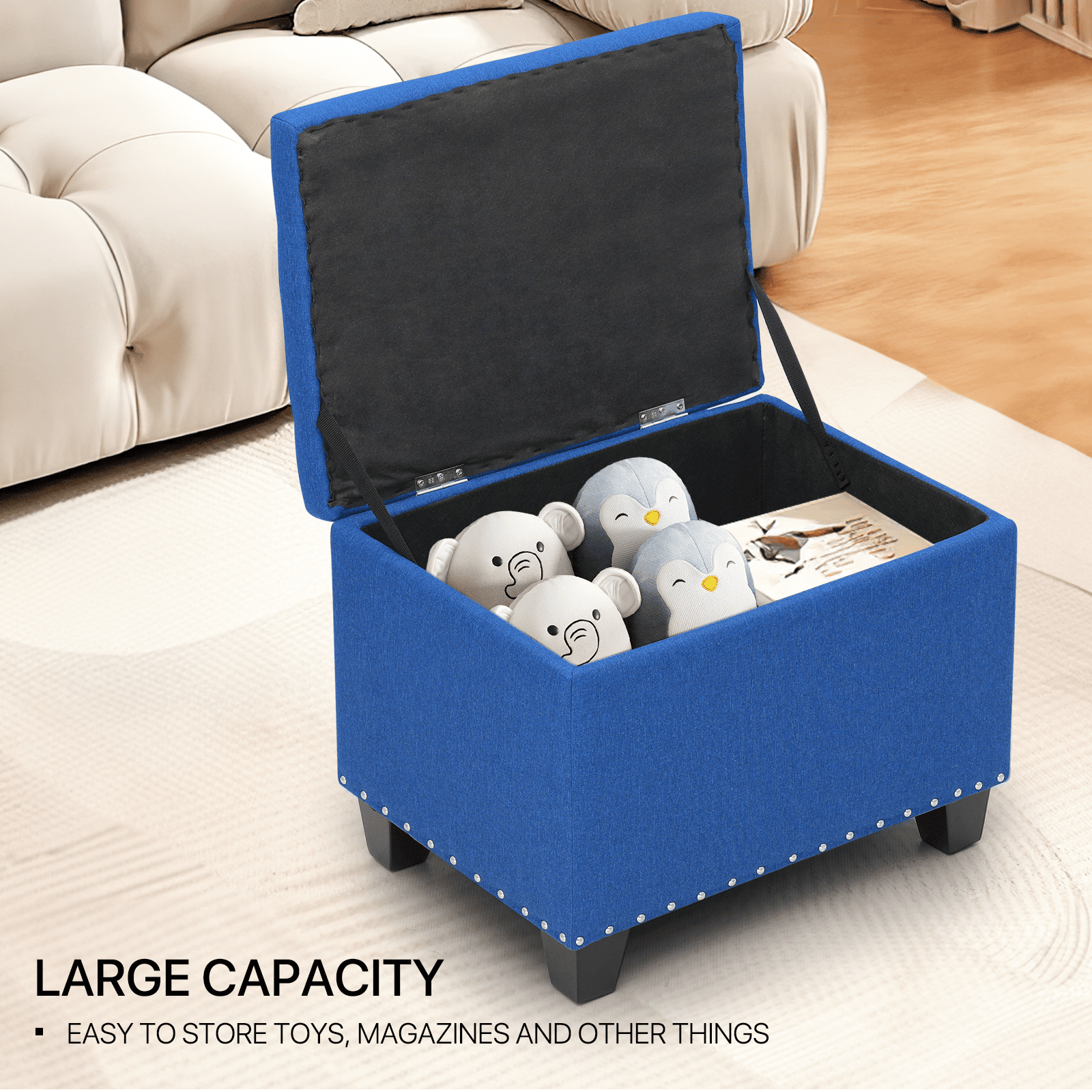 MoNiBloom Microfiber Storage Ottoman with Wooden Legs, Tufted Upholstered Ottoman Couch Bench Chair Footrest Footstool for Living Room Bedroom, Navy Blue
