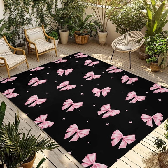Valentine's Day Outdoor Rug for Patio/Deck/Porch, Non-Slip Large Area Rug 4 x 6 Ft, Pink Bows Shining Stars Modern Black Indoor Outdoor Rugs Washable Area Rugs, Reversible Camping Rug Carpet Runner