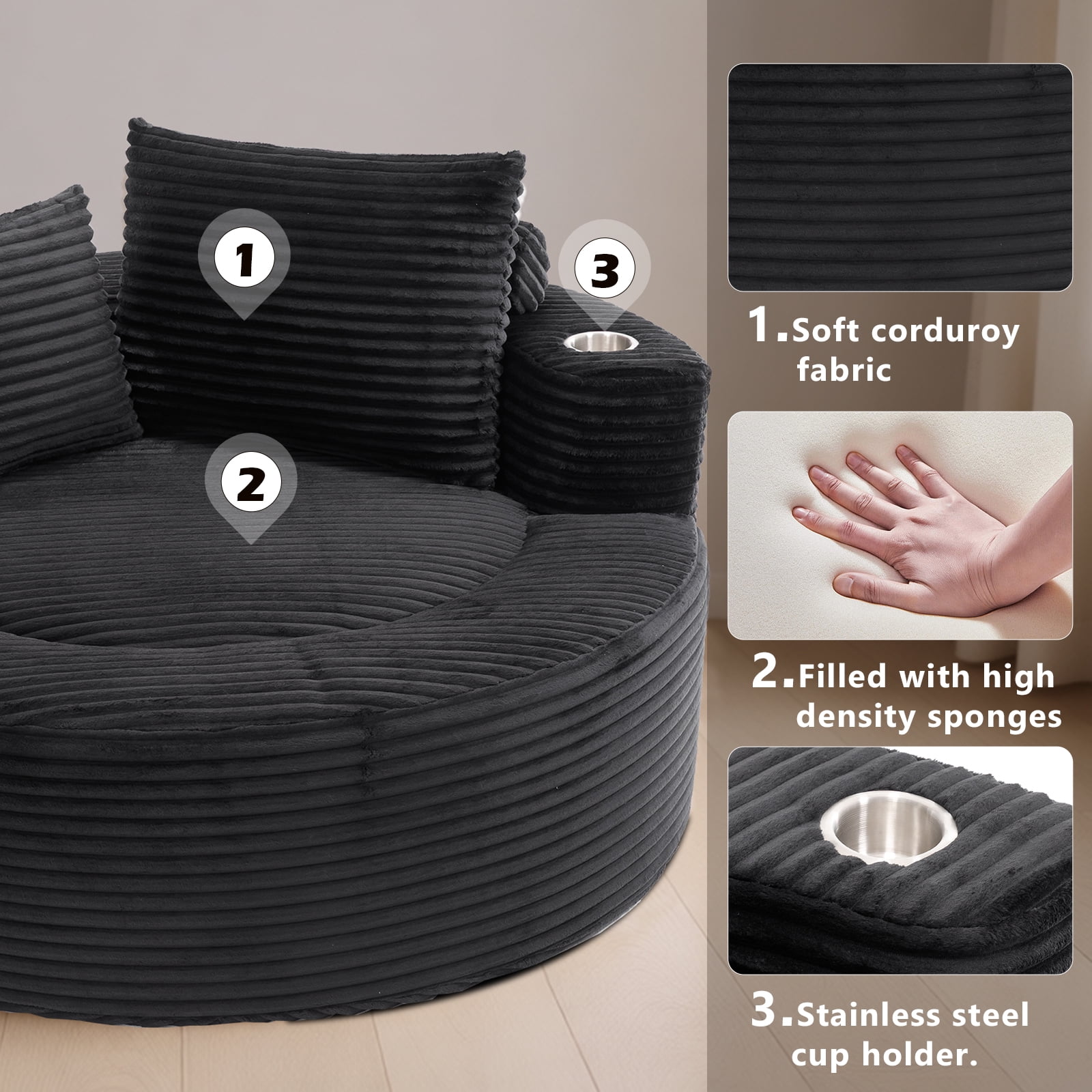 Miniyam 55.5" W Round Oversized Chaise Lounge Indoor with Cup Holders for Living Room, Cloud Couch with 3 Pillows, Black