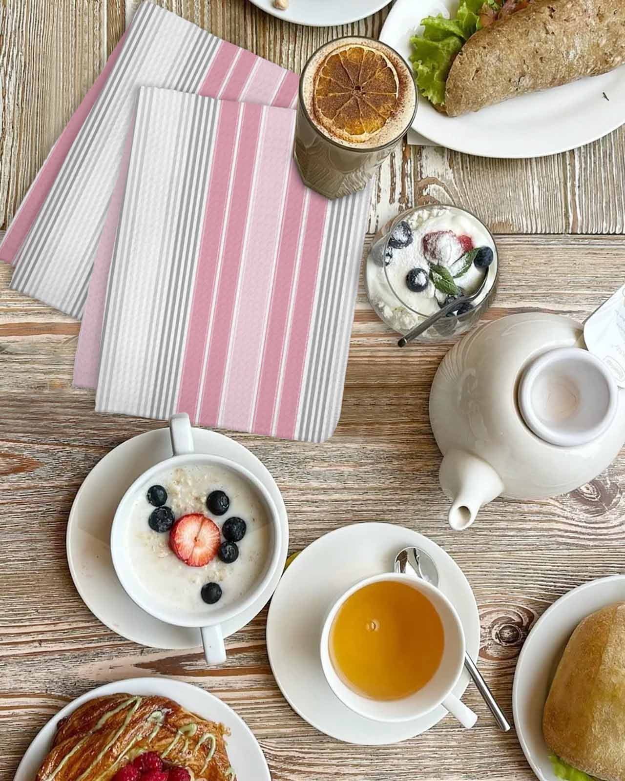 Pink Gray Stripes Kitchen Dish Towels for Drying Dishes Set of 3, Chic Modern Abstract Vertical Lines Waffle Weave Microfiber Terry Hand Tea Bathroom Towels Quick Dry & Absorbent Towel 15.7x23.6