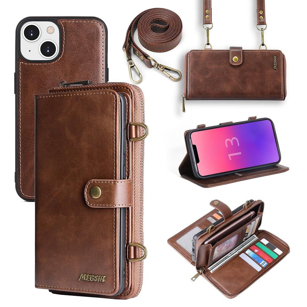 iPhone 12 Wallet Case JLFCH iPhone 12 Pro Wallet Card Holder Case with Adjustable Crossbody Strap Leather Handbag Case Women/Girly Protective for Apple iPhone 12/12 Pro 6.1 inch Coffee