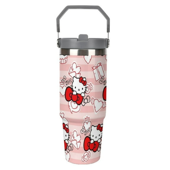 Hello Kitty Large Capacity Stainless Steel Travel Mug 30oz Vacuum Insulated Car Cup with Handle, Lid Straw Coffee Cup Birthday Anniversary Halloween Christmas Gift