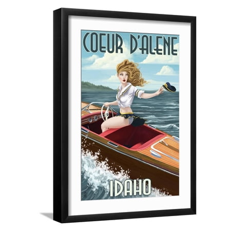 Art.com Coeur D'Alene, Idaho - Boating Pinup Girl Art Print by Lantern Press, Black Frame Wall Art, 17" x 23"
