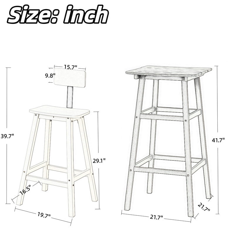 3-Piece Patio HDPE Bar Table Set, Outdoor Bristro Set, Armless Stools with Footrest & Backrest