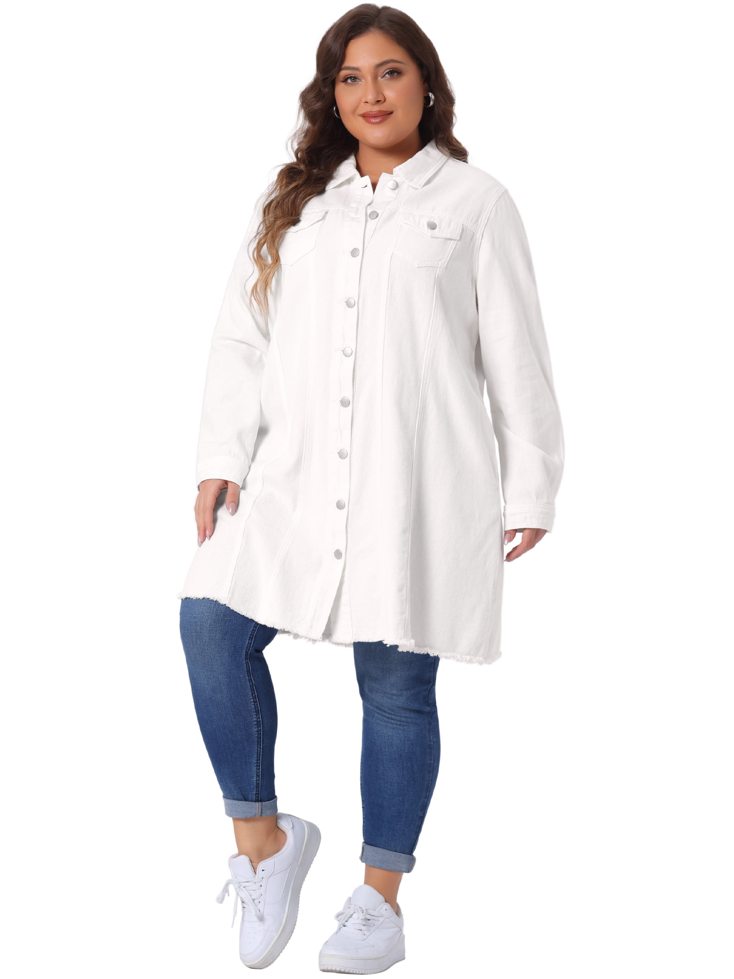 DARING DIVA Women's Plus Size Long Distressed Button Up Denim Jacket 3X White