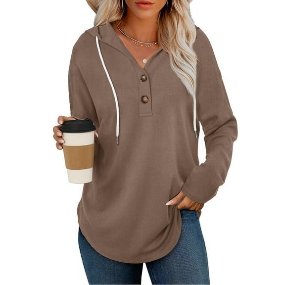 QQAMB Womens Oversized Sweatshirts Button V-Neck Casual Drawstring Long Sleeve Hooded Tops Solid Color Pullover Shirts Khaki XL