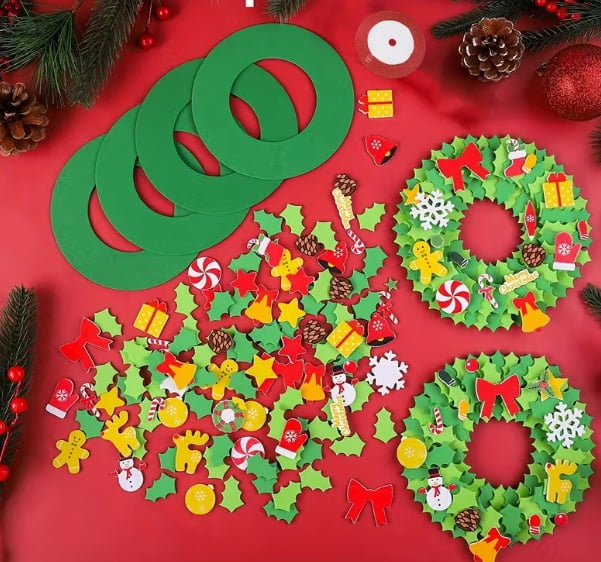 5 Christmas Sticker Wreath Craft Kits, Cartoon Pattern EVA Self-Adhesive Wreath Sets, Perfect for Holiday Decorations