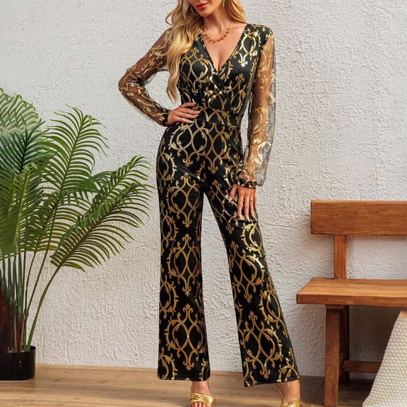 Women's Jumpsuits, Rompers & Overalls Women Fashion Slim Bronzed Metal Style Long Sleeve Jumpsuit Evening Dress Straight Leg Women's Pants One Piece Jumpsuits for Women