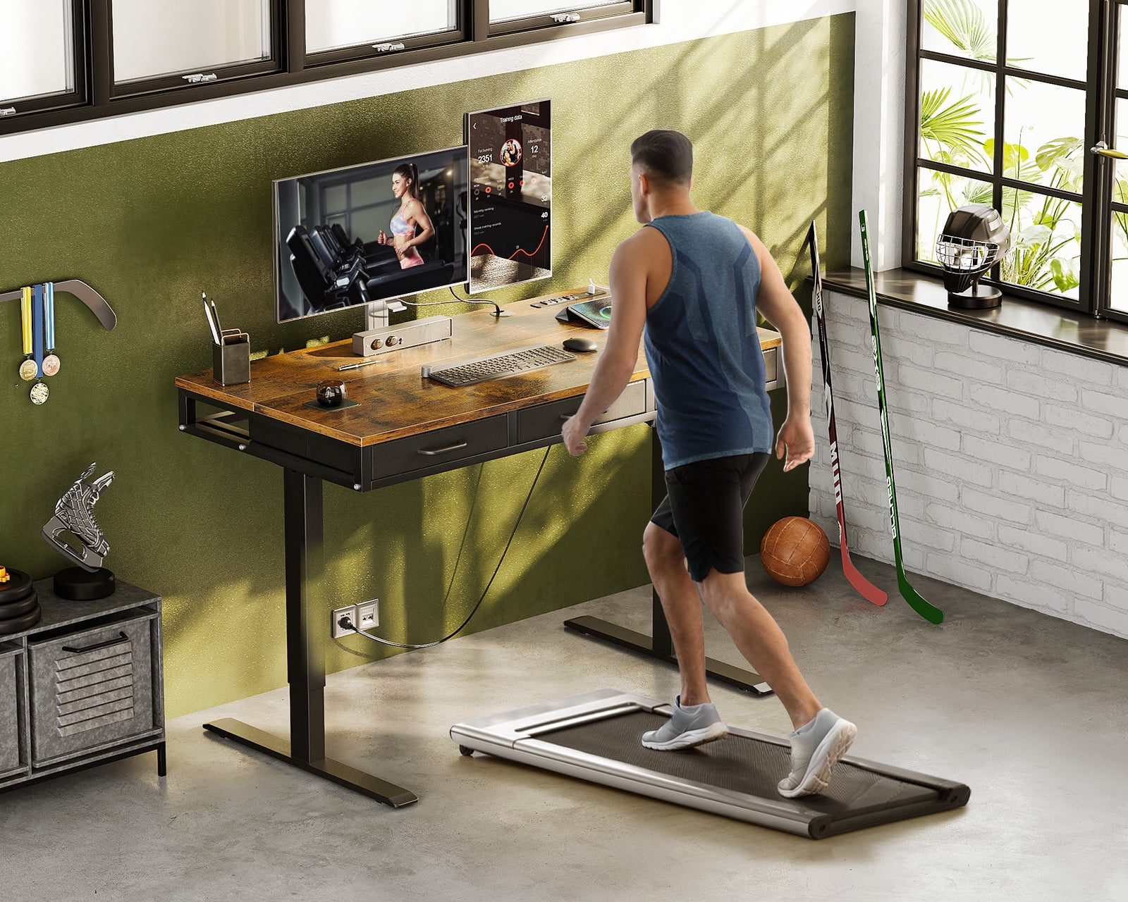 Electric Standing Desk with Drawers, 47 Inch Height Adjustable Desk with Power Outlets & USB, Sit Stand Table for Home, Office, Workstation, Rustic Brown