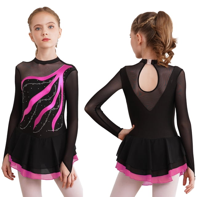 TiaoBug Girls Stylish Mesh Splice Rhinestone Figure Ice Skating Dress Long Sleeves Ballet Dance Tutu Dress Hot Pink 8