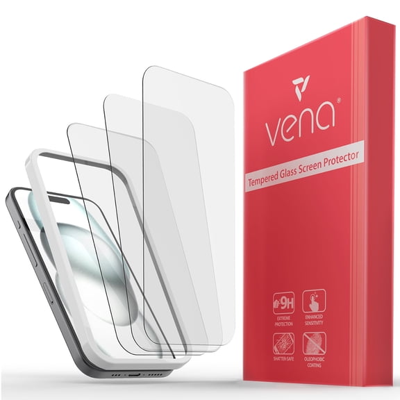 VENA HD Ultra Clear Tempered Glass Screen Protector Compatible With Apple iPhone 15 (6.1"-inch) - 3 Packs, (9H Hardness, Shatterproof Glass) Bubble Free Film with Installation Frame