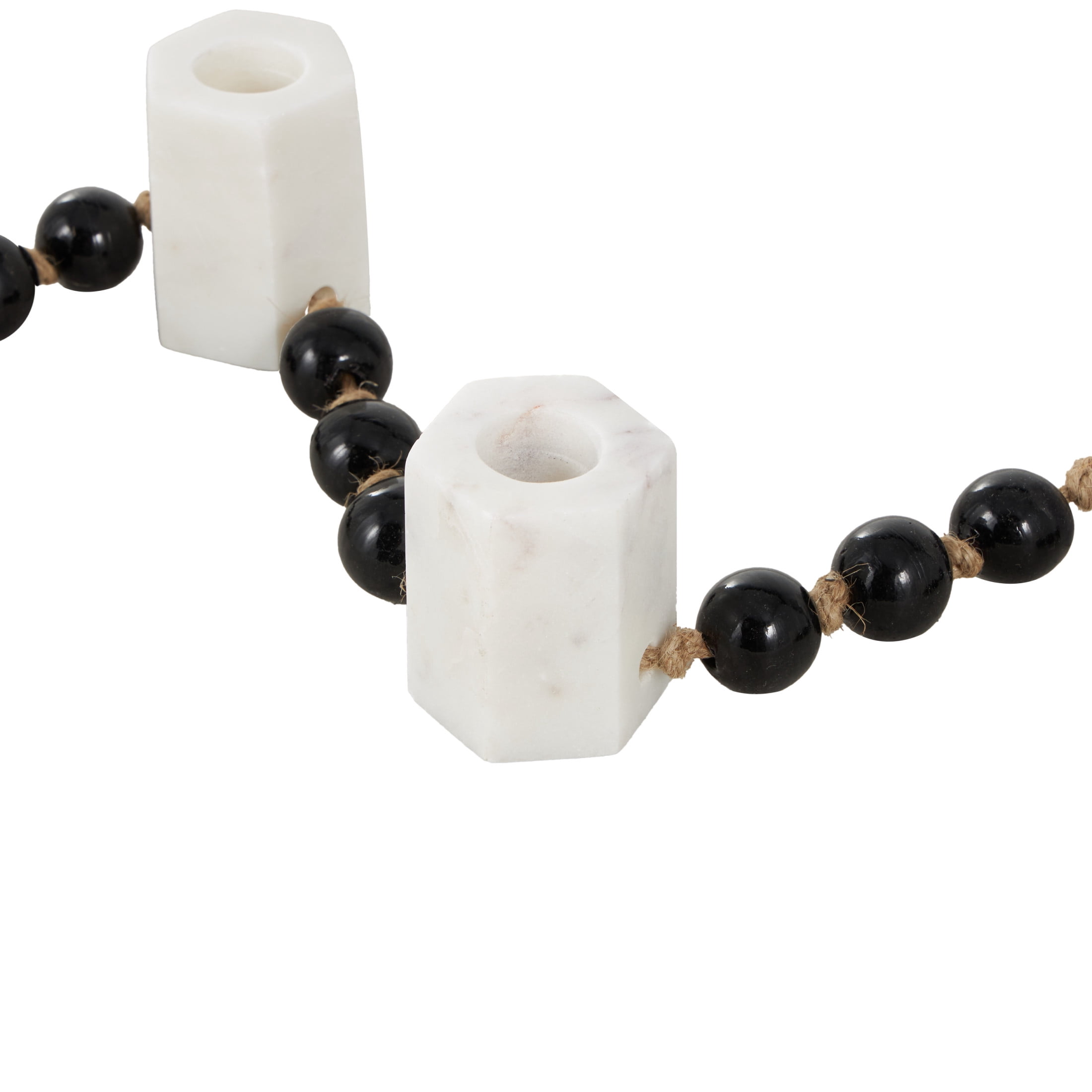 DecMode 5 Candle White Marble Hexagon Garland Candle Holder with Brown Tassel and Black Beads